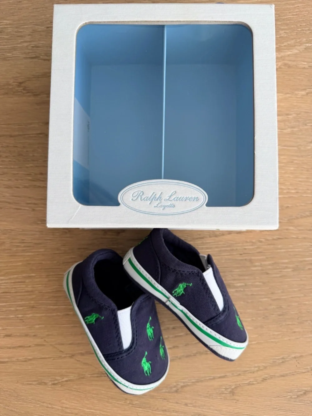 Ralph Lauren Infant Crib Shoes Size 3 Navy & Green Sneakers 6-9mo.
